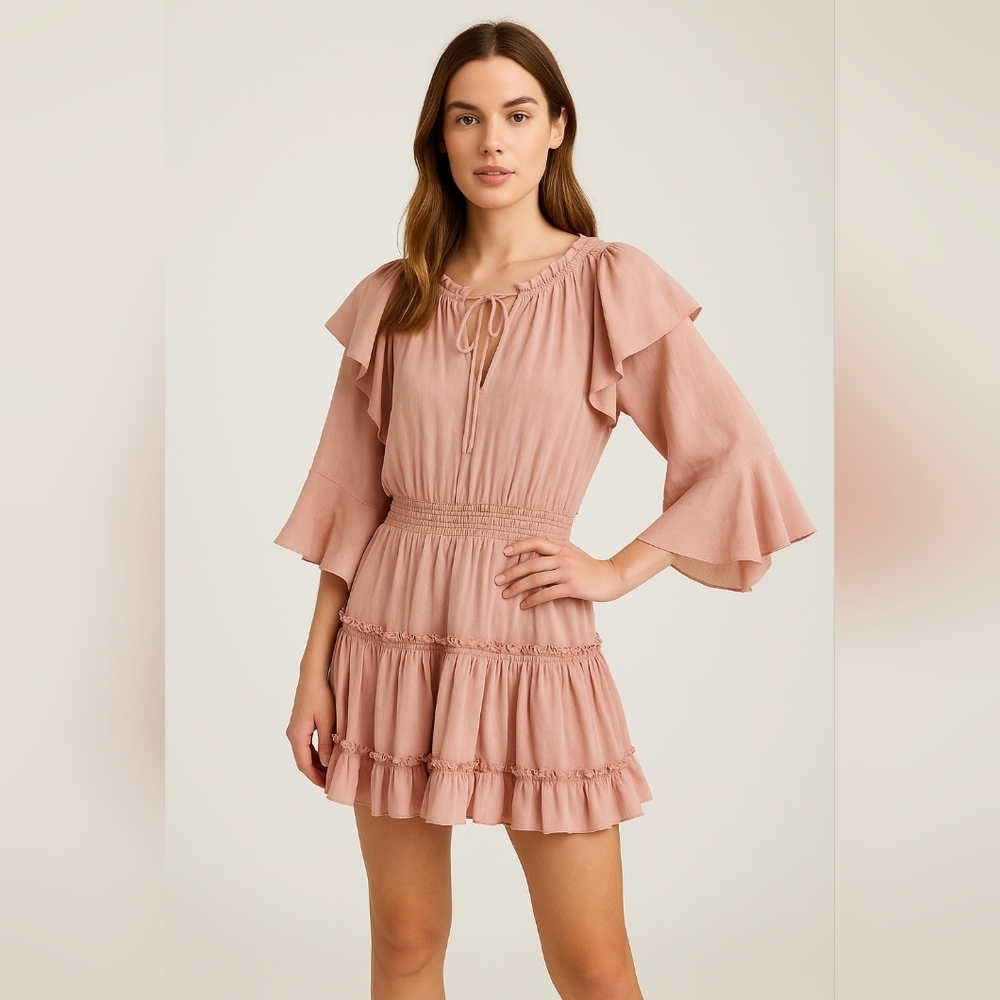 MISA Los Angeles Aliz Blush Pink Ruffle Mini Dress – Butterfly Sleeves Boho Chic